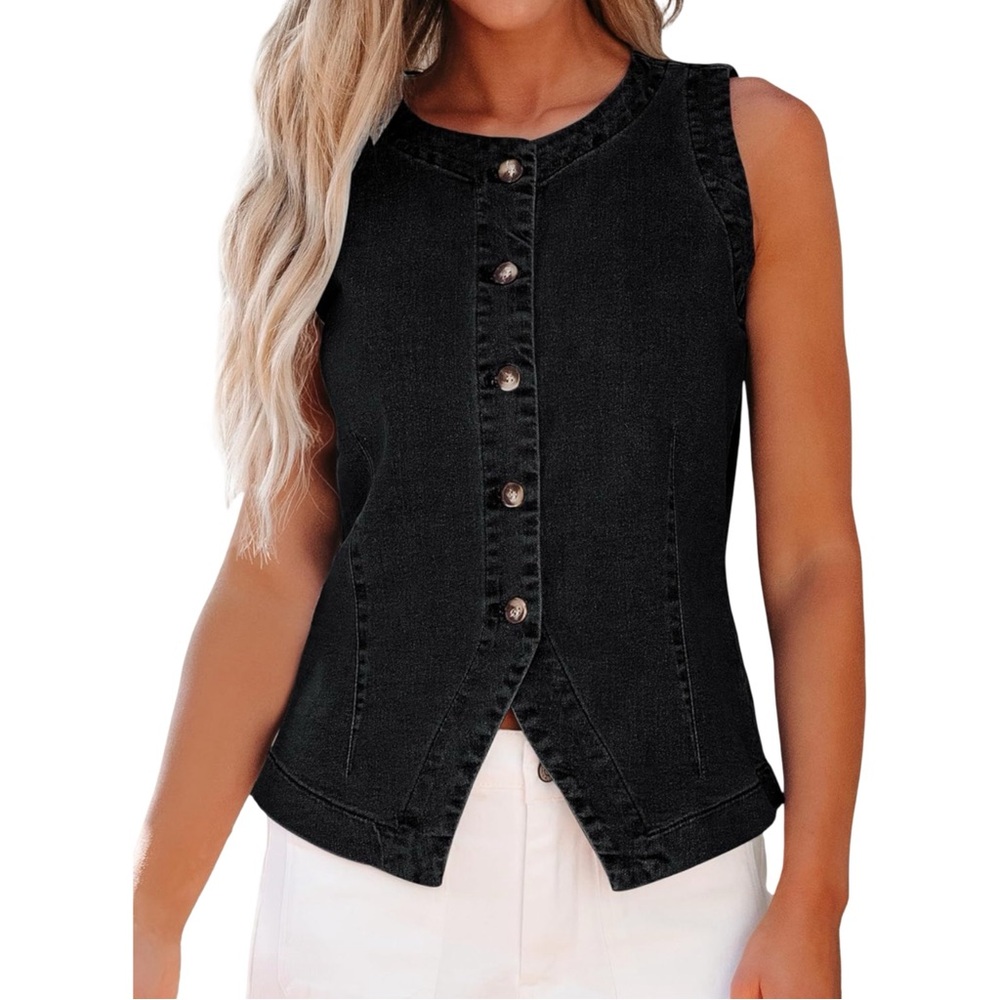Sleeveless Button-Front Black Denim Vest